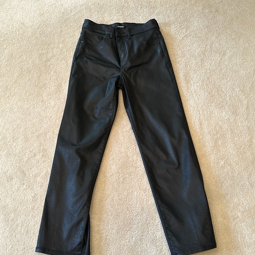 High rise straight ankle black waxed pant